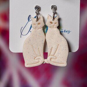 Galactic Captures White Sparkly Kitty Polymer Clay Post Earrings